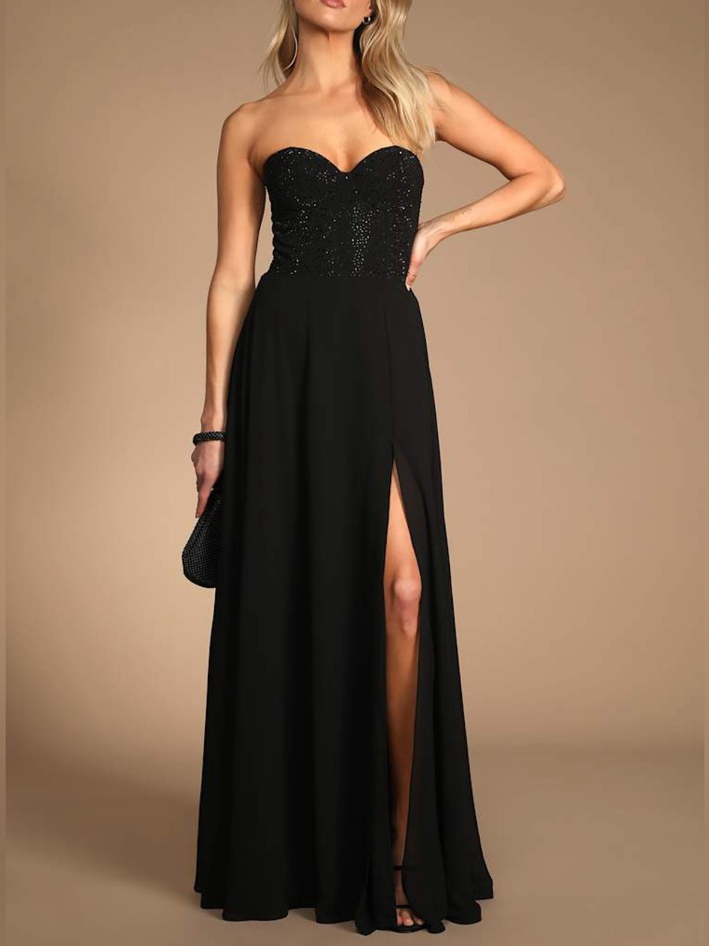 Lulus Remember this Moment Black Rhinestone Strapless Maxi  Dress Size XL NWT